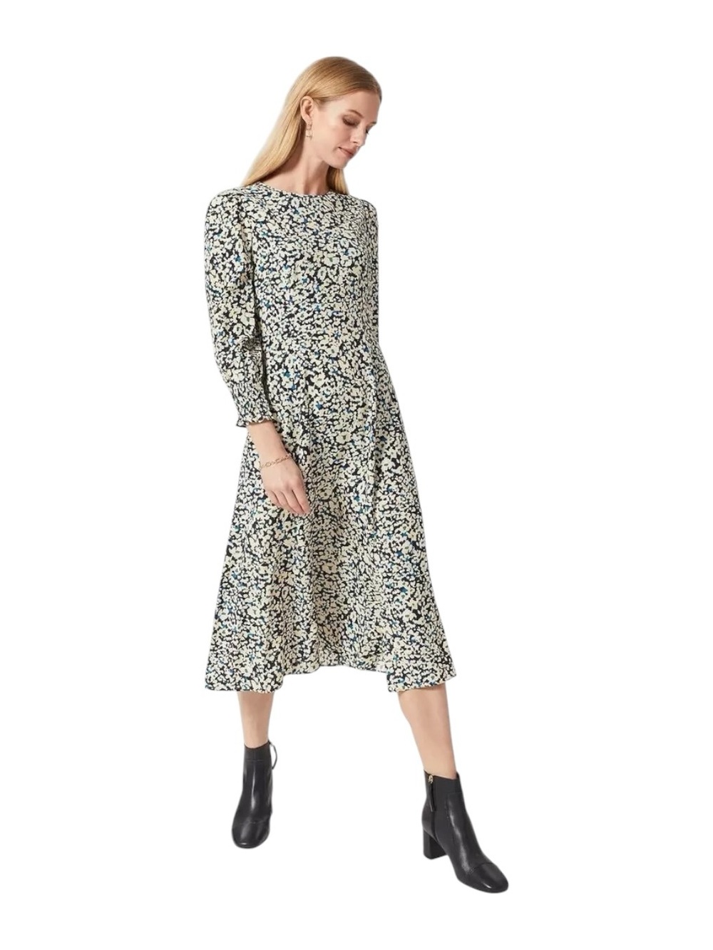 Hobbs Renata Tea Dress 10 US Floral Midi Fit & Flare Blue Green